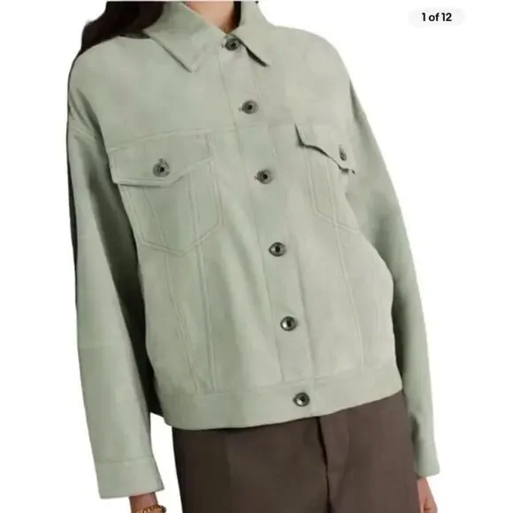 Brunello Cucinelli Mint Green Suede Leather Pocket Jacket Green Women’s Size 40 - Picture 2 of 10